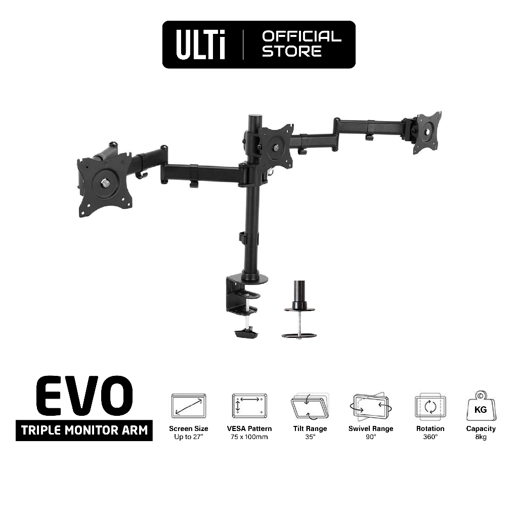 ULTi EVO Triple Monitor Arm, 3 Screen Desk Mount Stand For Computer Monitors,  27 Inch Screens, VESA, Clamp & Grommet