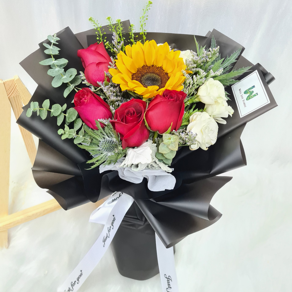 FREE DELIVERY Blaze Of Love Red Rose Bouquet Sunflower Bouquet