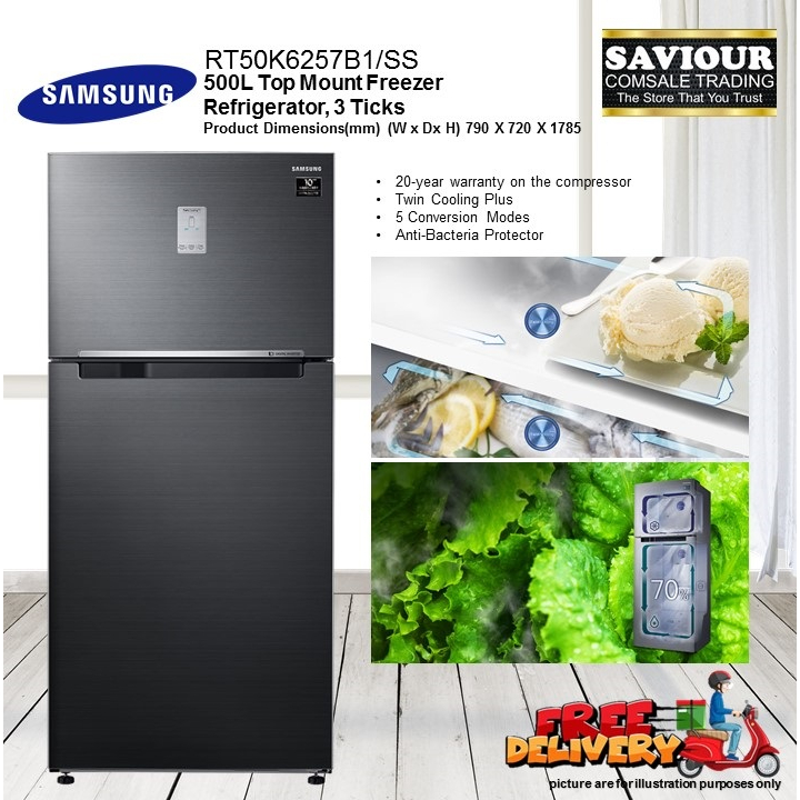 SAMSUNG RT50K6257B1/SS 500L Top Mount Freezer Refrigerator, 3 Ticks