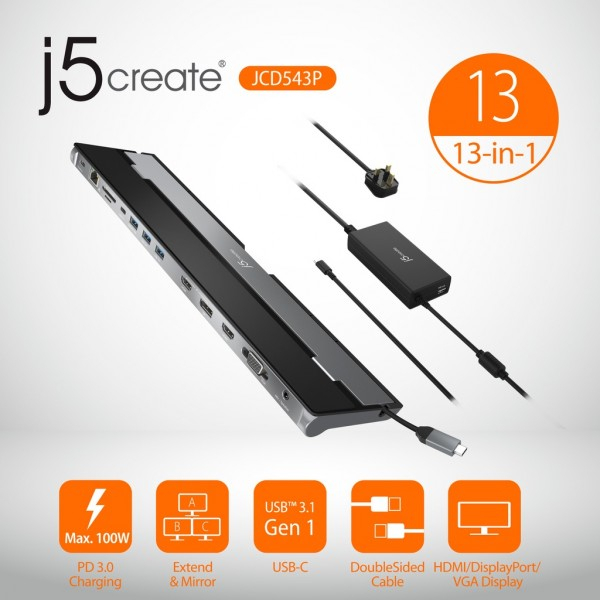 J5CREATE JCD543P USBC™ TRIPLE DISPLAY DOCKING STATION WITH 100W PD