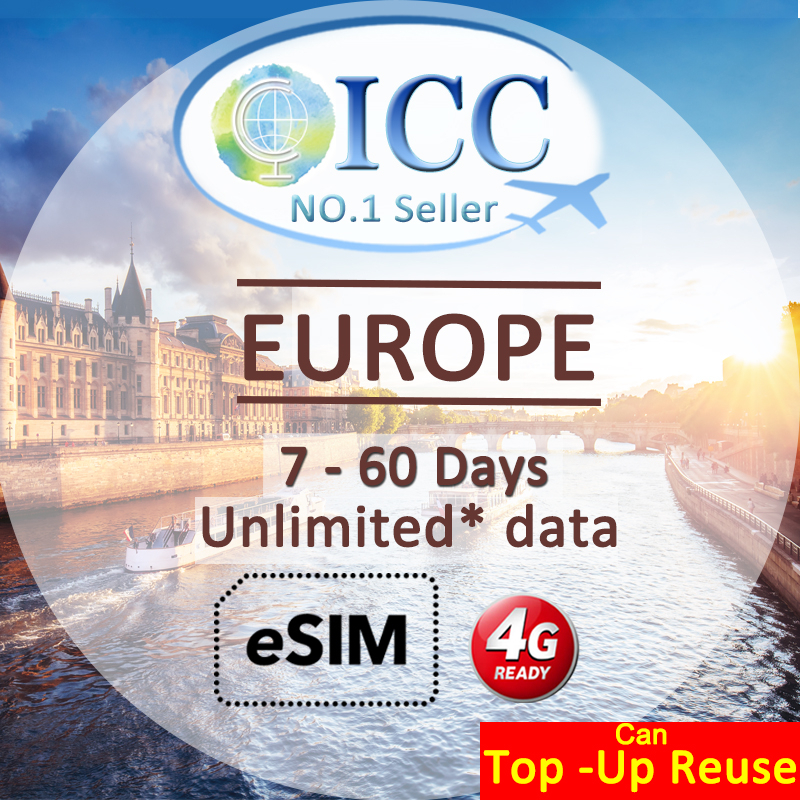[ICC eSIM] Europe & UK 760 Days Unlimited Data SIM (Daily 500MB) ICC