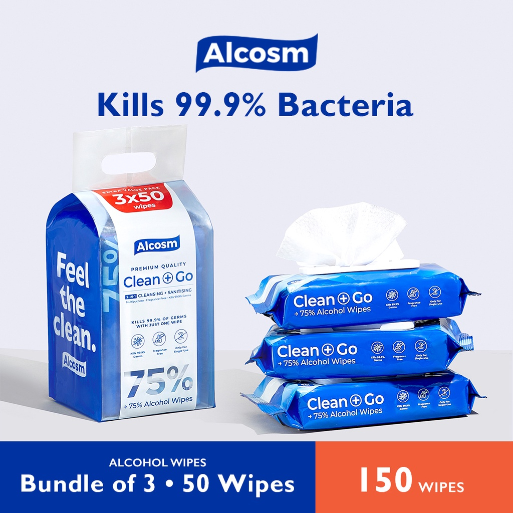 Alcosm 75% Alcohol Wipes, 50 Wipes - 3 Packs (ExpDate: Sep2027 ...