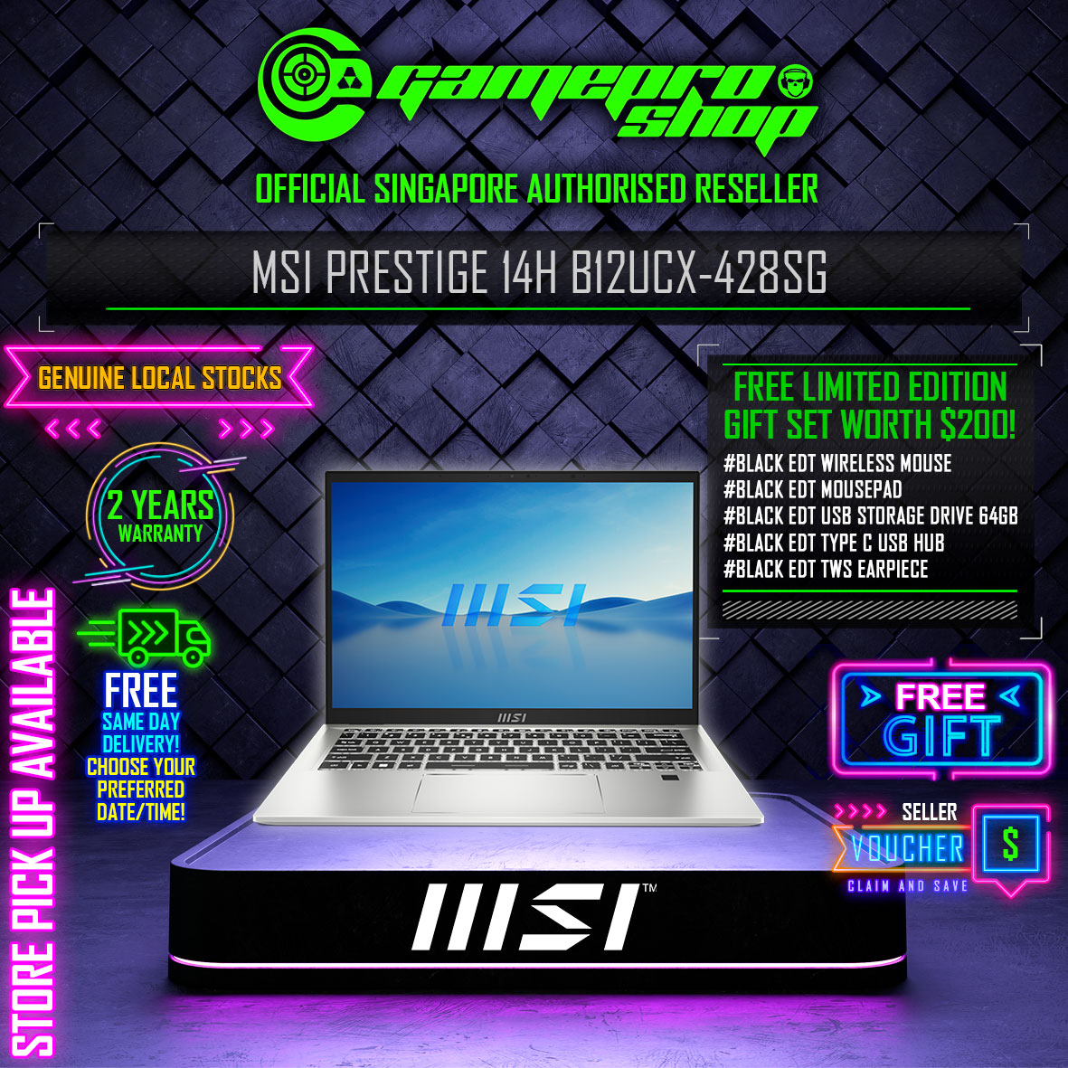 MSI Prestige 14H B12UCX-428SG / i7-12650H / 14' FHD+ IPS / RTX 2050 / Windows 11 Home / 2Y