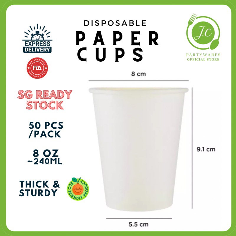 8oz (240 ml) White Paper Cup 50pcs High Quality Disposable Paper Cup SG ...