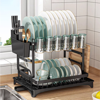 2 Tier Standing Dish Drainer Over The Sink Adjustable Drain Storage Rack  Multifunctional Rack with Utensil Holder, Cutting Board Holder for Home  Kitchen Counter 