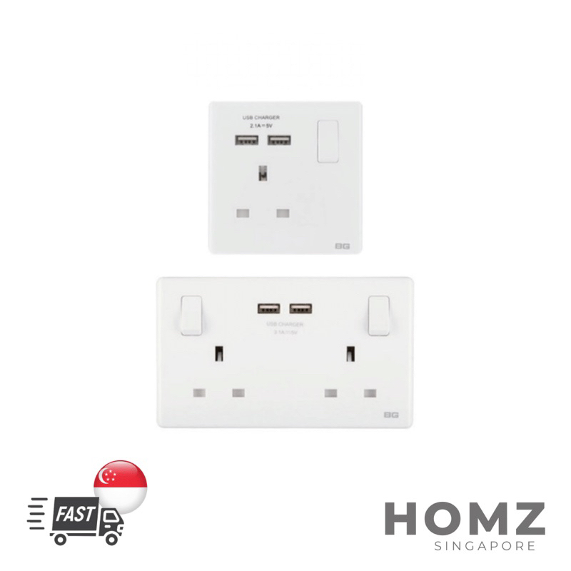 13A Single Double Switch Power Socket Outlet With 2USB Chargers (2.1A / 3.1A Ports) Shopee