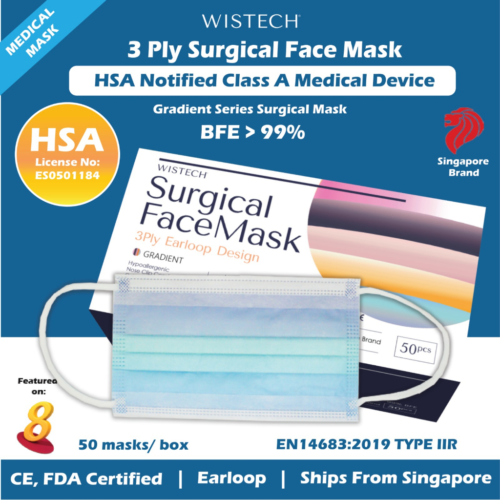Ocean Blue Gradient Wistech 3 Ply Surgical Face Mask 50 pieces, HSA
