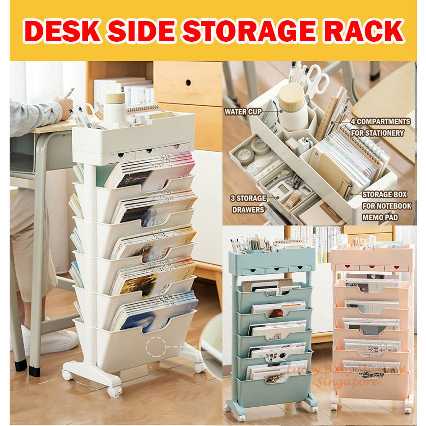 Desk Side Storage Rack Bookshelf Side Table With Wheels Book Stationery