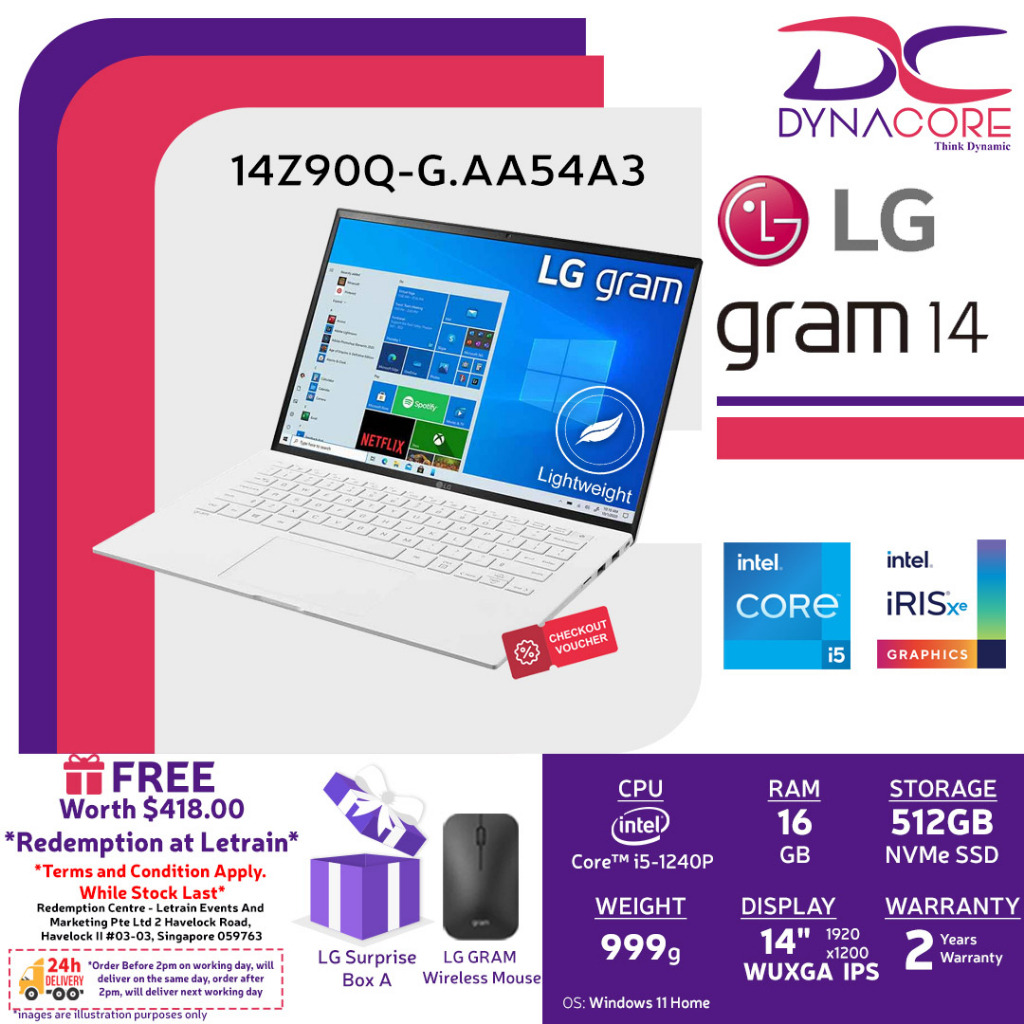 【DELIVERY IN 24 HOURS】LG Gram 14Z90Q-G.AA54A3 White (i5-1240P/16GB/512GB SSD/14"WUXGA+/Intel® Iris® Xe/WIN 11 H)