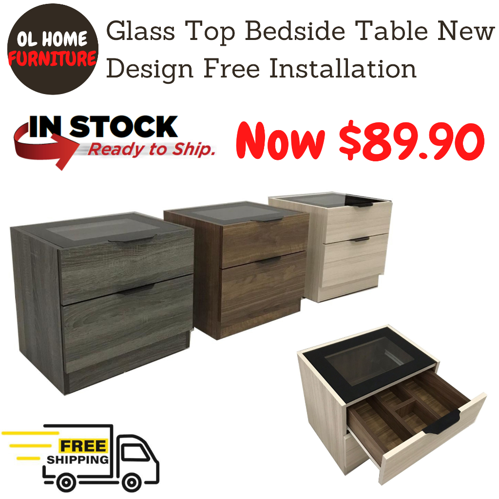 OL HOME Modern Bedside Table Glass Top Ready Stock Free Delivery And