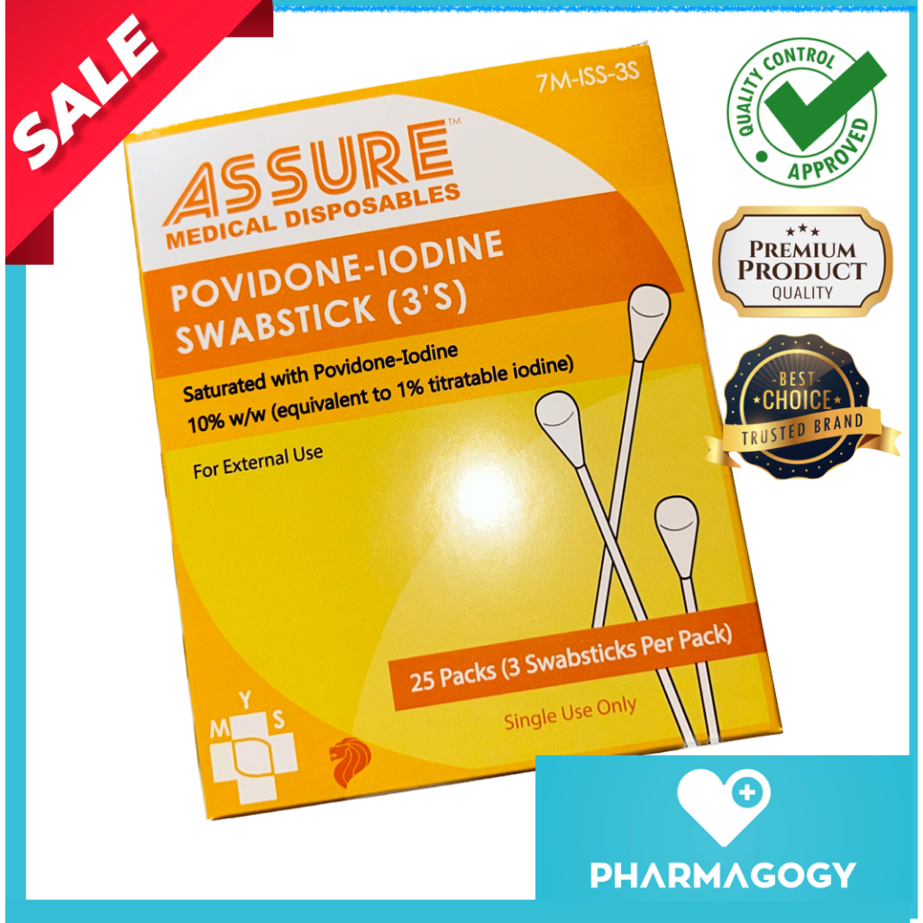 ASSURE POVIDONEIODINE SWABSTICK 3'S, 25 PKT/BOX IODINE SWABS STICKS