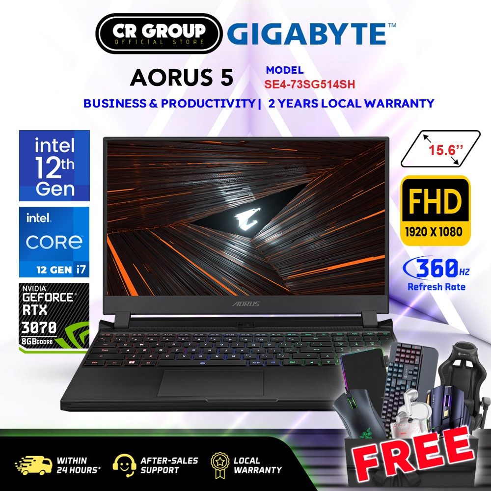 [CR GROUP X SHOPEE] AORUS 5 SE4-73SG513SH / 12th Gen i7-12700H / RTX 3070 8GB GDDR6 / 15.6 FHD 360Hz 16GB RAM (2Yrs)