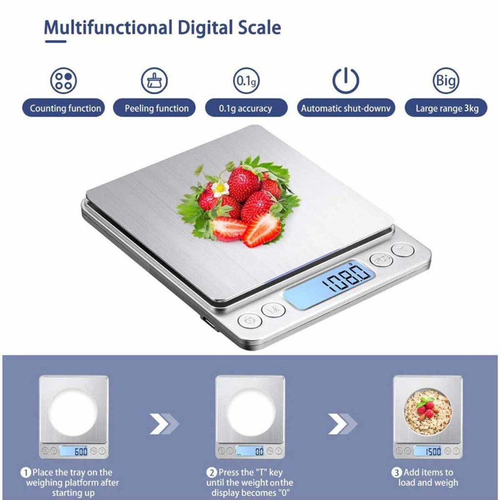 3000g X 0.1g Digital Kitchen Scale – Stainless Steel, LCD Backlight, Multi-Unit