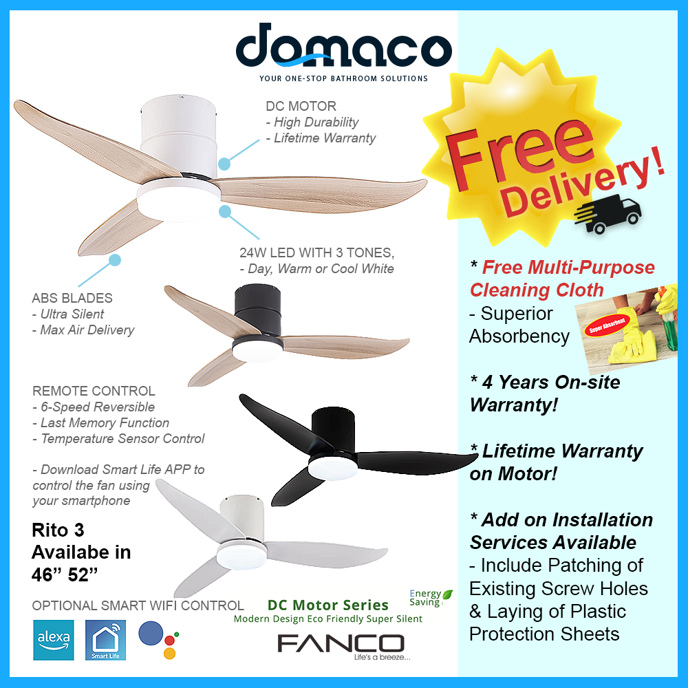 Fanco Rito 3 Hugger Ceiling Fan with 24W 3 Tone LED Light Kit and Remote Control (Optional Wifi