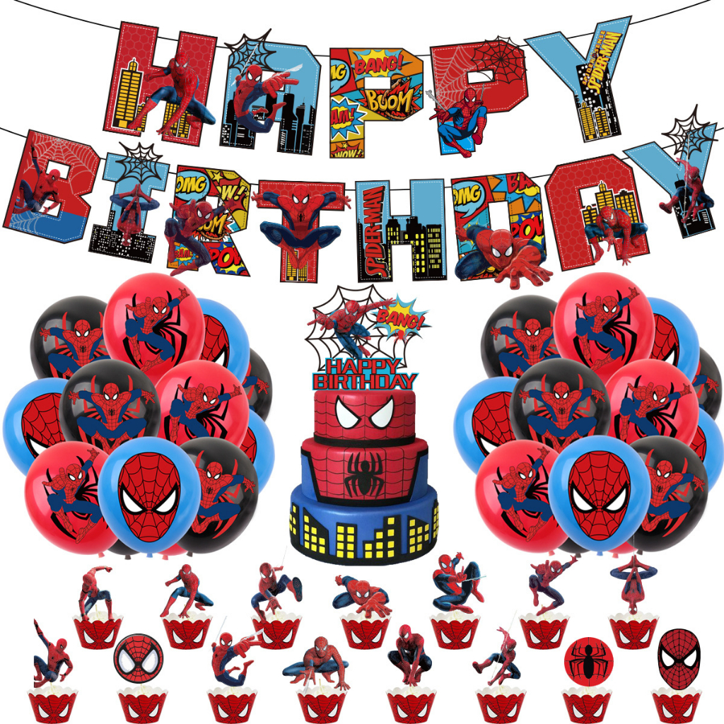 NEW Spiderman Birthday Theme: HBD Banner, Big Cake Topper, Cupcake ...