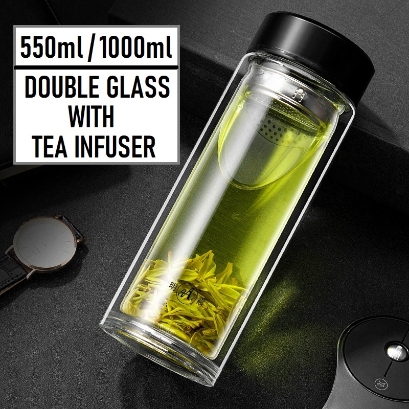 MingXia 550ml / 1000ml Double Wall Glass Bottle Tea Strainer SUS304 Healthy Drinking Water