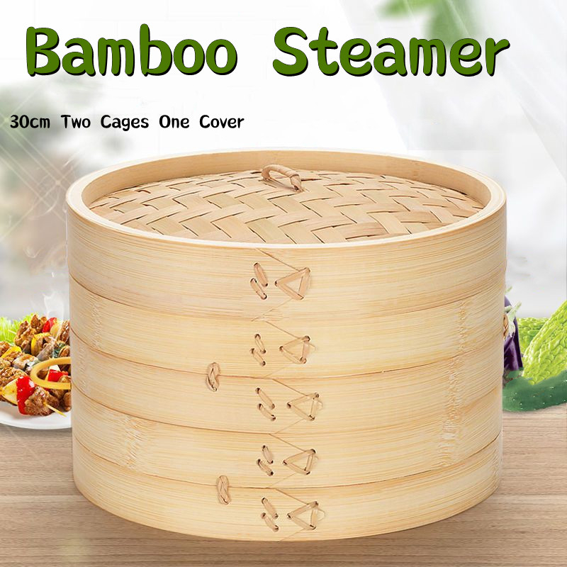 30CM Two Cages One Cover Bamboo Steamer Cooker with Lid Dimsum Steamer ...