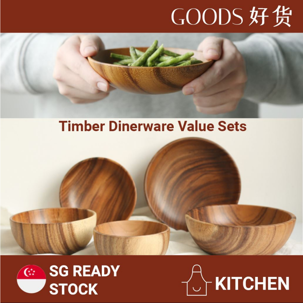 Japanese Style Acacia Wood Dinnerware Value Set - Wooden Bowls and ...