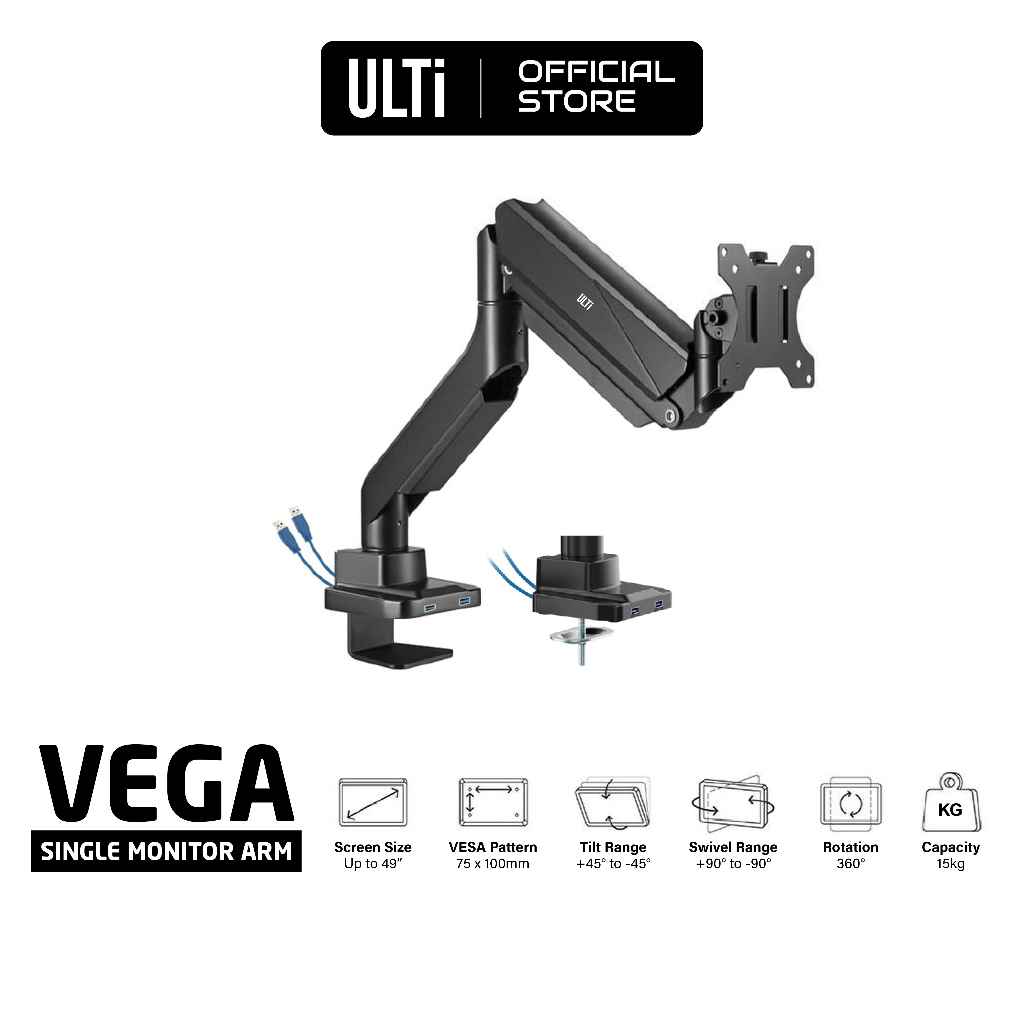 ULTi Vega Heavy Duty Monitor Arm with USB 3.0 Ports, Compatible with 34, 38, 43, 49 Inch