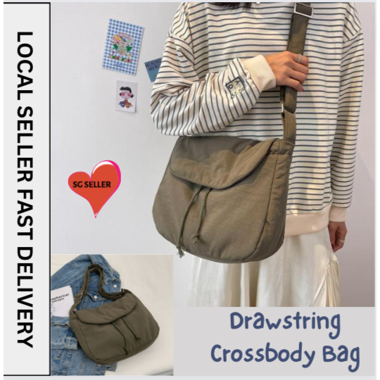 Japanese Korean Fashion Casual Crossbody Drawstring Bag Lightweight Nylon Messenger Bag Adjustable Shoulder Strap