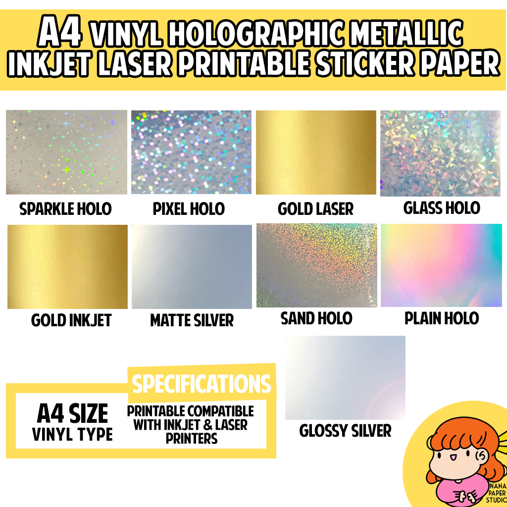 🇸🇬 A4 Vinyl Holographic Metallic Silver Gold Inkjet Laser Sticker Paper ...