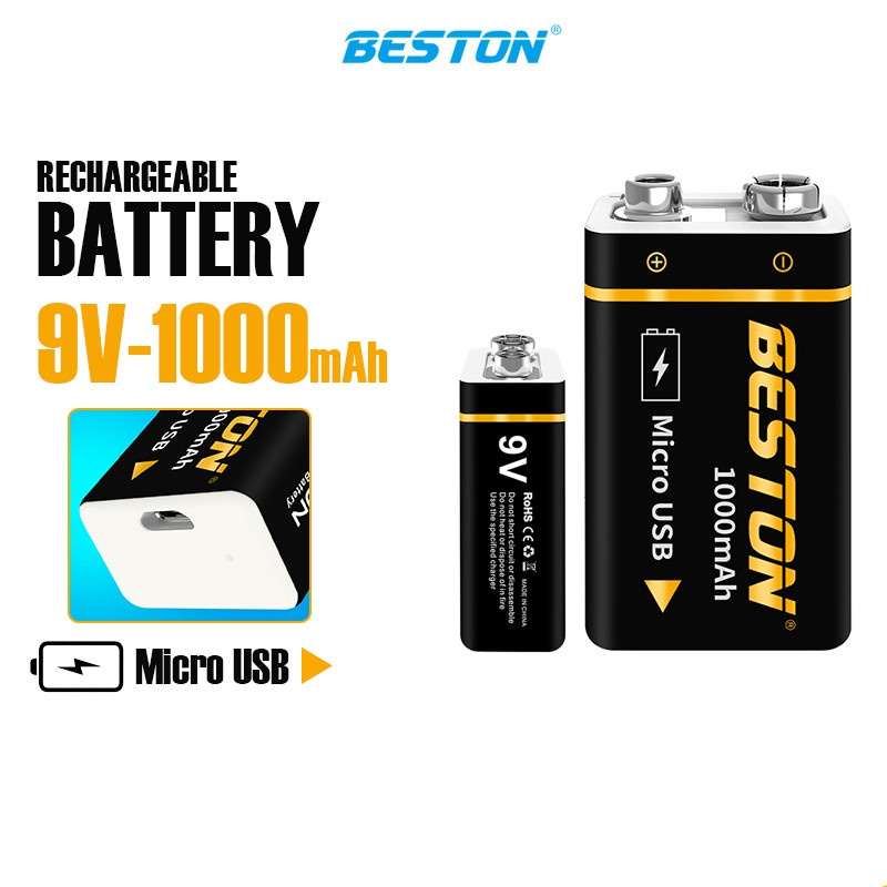 Beston 9V Rechargeable Battery Capacity 1000 mAh 9 volt charging Battery INCLUDED USB Micro Li