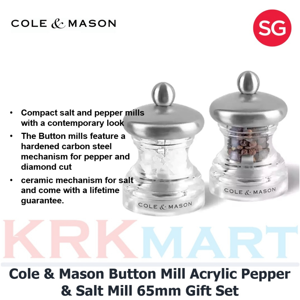 Cole & Mason Button Mill Acrylic S/S Pepper & Salt Mill Gift Set 65mm ...