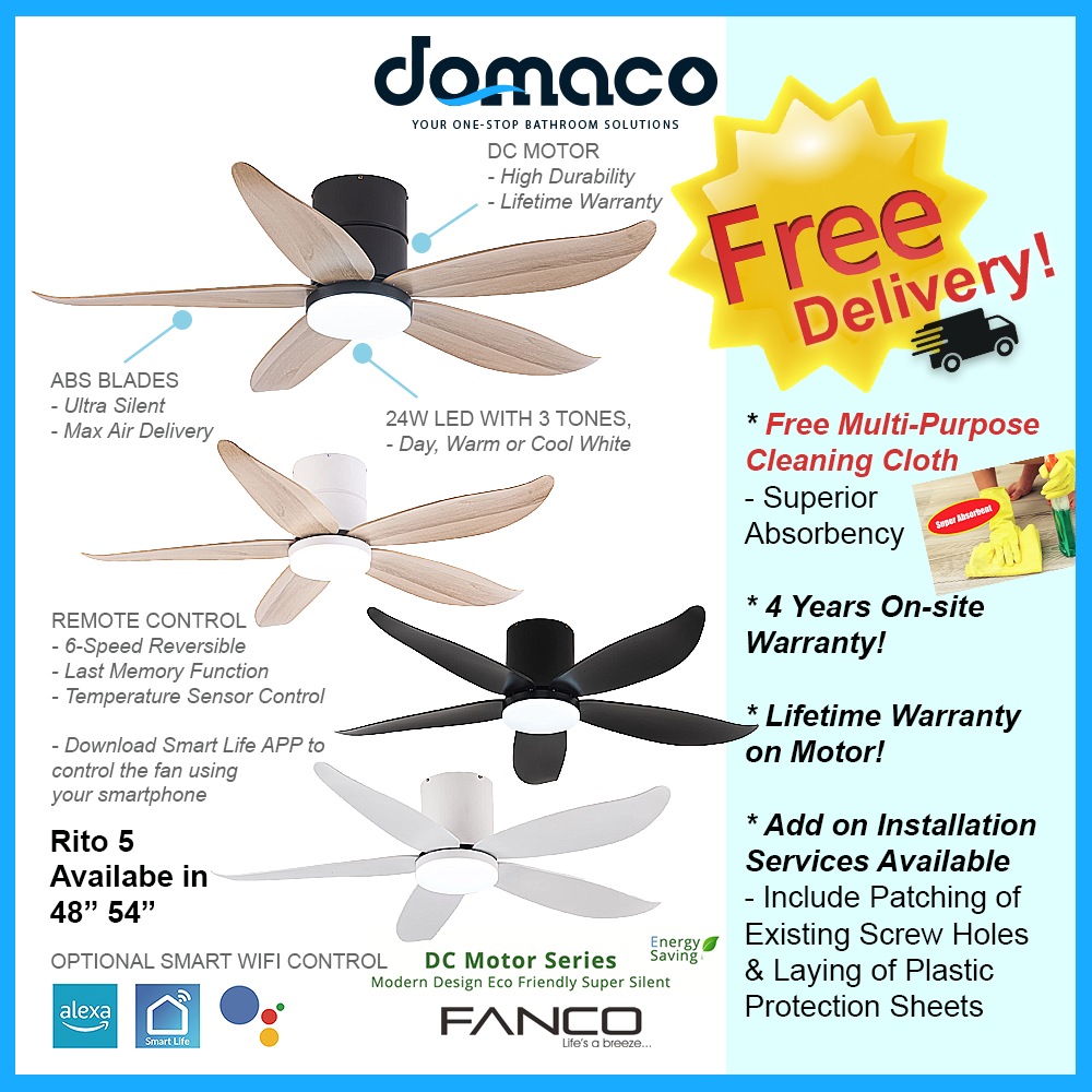 Fanco Rito 5 Hugger Ceiling Fan with 24W 3 Tone LED Light Kit and ...