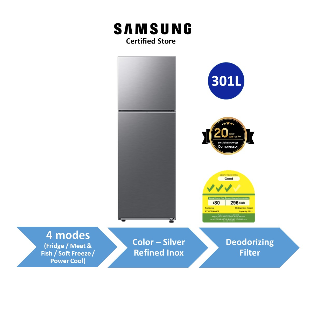Samsung 301L RT31CG5424S9SS Top Mount Freezer Fridge Optimal Fresh+ 4