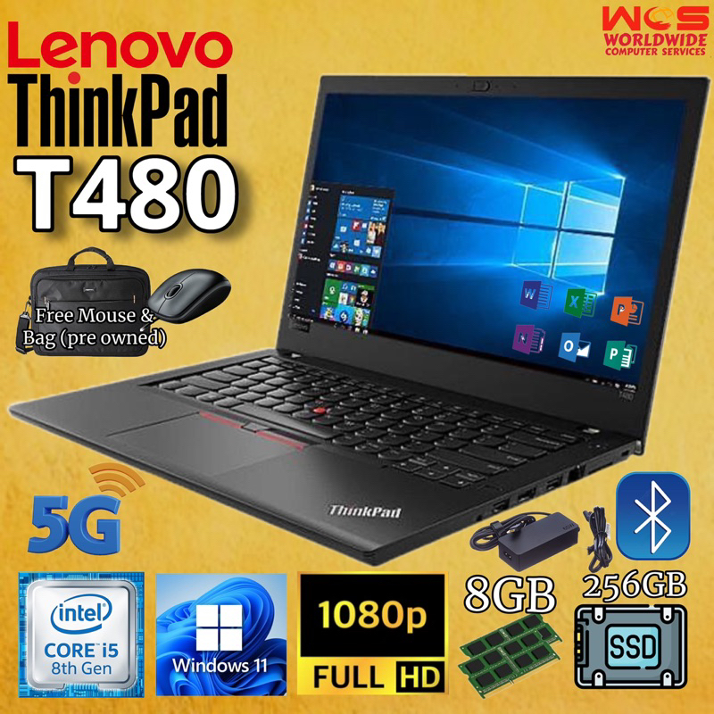 * Lenovo ThinkPad T480, i5, 8th Gen, 8/16GB RAM, 256/512Gb SSD, Win 11, + FREE 128GB second SSD, FREE BAG & MOUSE