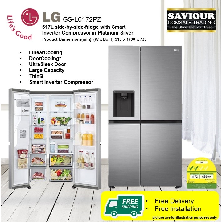 LG GSL6172PZ 617L sidebysidefridge with Smart Inverter Compressor in Platinum Silver