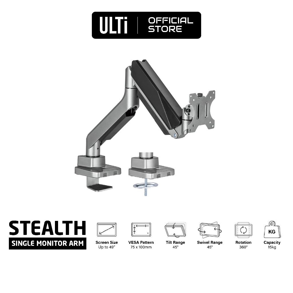 ULTi Stealth HeavyDuty Monitor Arm, Compatible w/ Ultrawide Monitors, up to 49 Inch (Horizontal