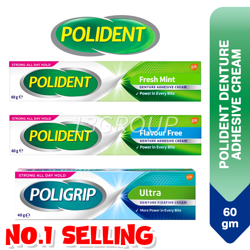 Polident Denture Adhesive Cream Fresh Mint Flavour Free Poligrip, 40g