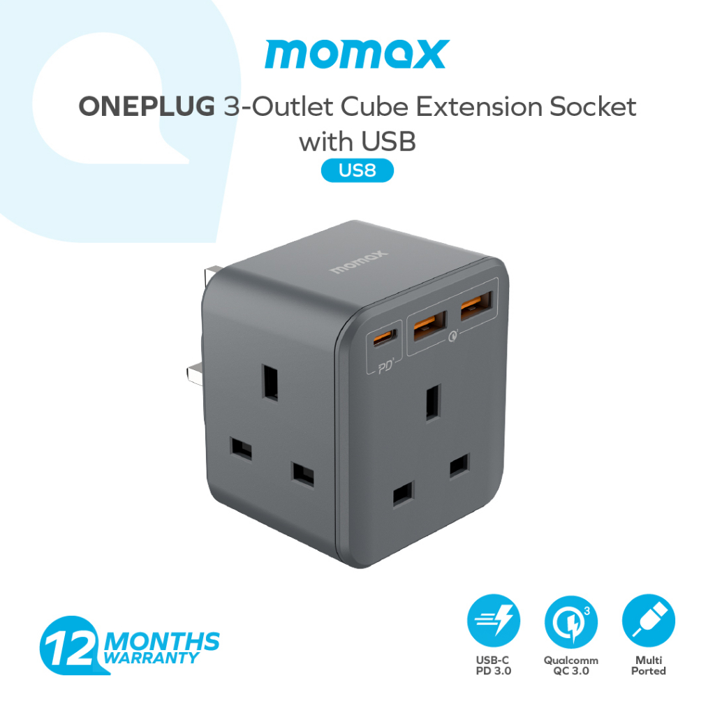 Momax US8 ONEPLUG 3-Outlet Cube Extension Socket with USB | Shopee ...