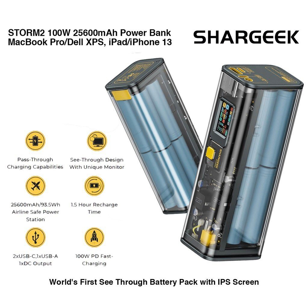 CHEAPEST!! Shargeek STORM2 100W 25600mAh 93.5Wh Laptop PowerBank, World's  1st See Through Battery Pack