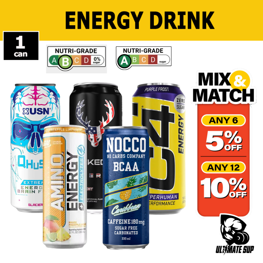 Energy Drink, Various Brands n Flavors, ON Amino Energy Drink, Nocco BCAA, Caffeine & Zero Sugar