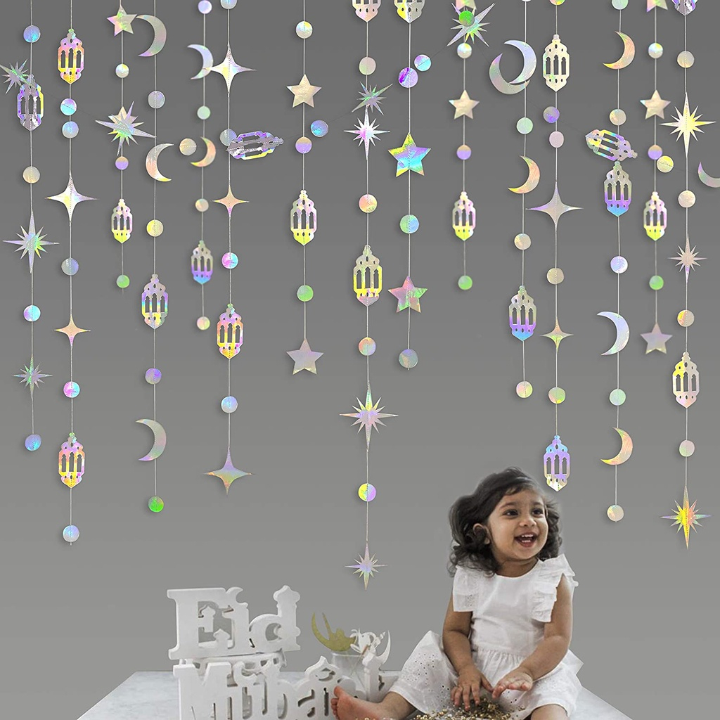 ?2023 Hari Raya Decoration Hari Raya Happy Muslim Islam Hanging Star Moon Circle Dot Crescent Lamp Garlands Streamer