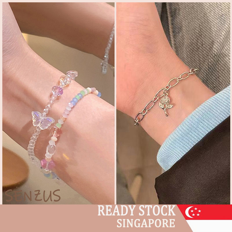 [SG SELLER] Korean Bracelet Women Silver Crystal Pearl Fashion Accessories Simple Butterfly Rose Pendant Jewelry Gift