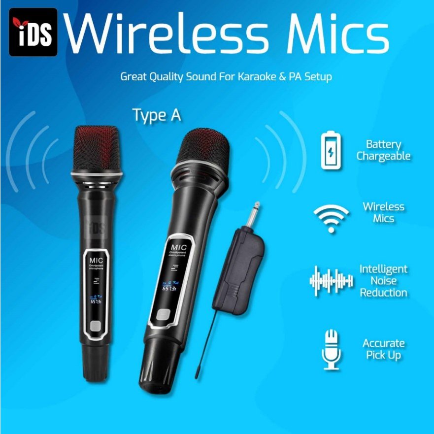 [iDS] Professional UHF Wireless Microphone Rechargeable Battery 18650 Mic System + Receiver