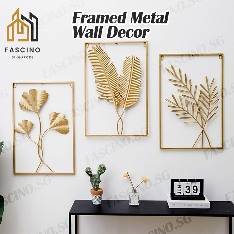 【SG】40*60cm Framed Golden Metal Leaf Wall Decoration Botanic Wall Art Decor Home Plant Decor with Frame New Year Gift