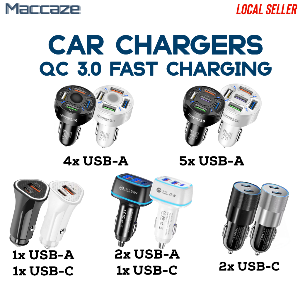 [SG] Multiport Car Chargers USBC/USBA QC 3.0 Fast Charging Type C