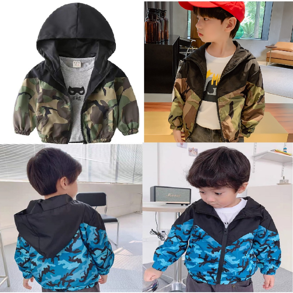 Sg Stock Children Kids Hooded Zip Jacket Army Jungle Print Windbreaker Jacket Shopee Singapore