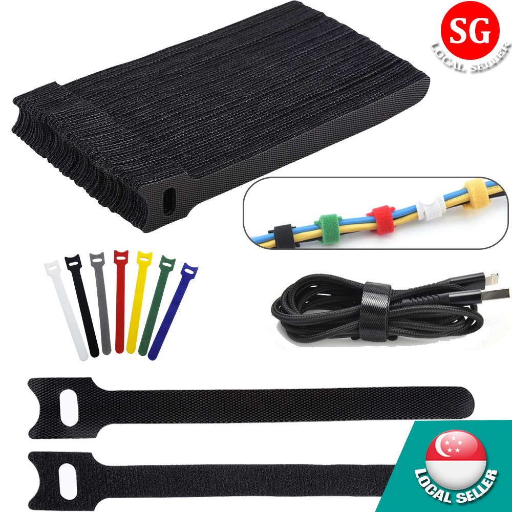 🇸🇬【SG stock】 Velcro Cord Ties Fastening Cable Ties Reusable Nylon Adjustable Cord Straps Premium