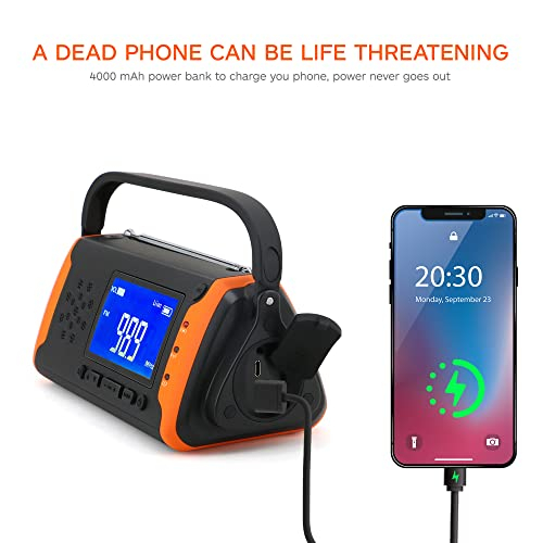 Wind Up Solar Radio,Emergency Radio Hand Crank iPhone Charger with LED Flashlight,4000mAh Power