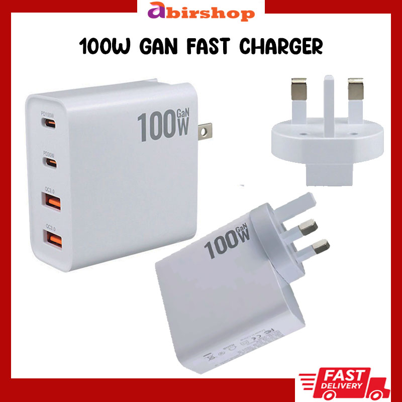 100W GaN Charger Convertible Plug Folding Pin QC3.0 USB-A and Dual PD ...