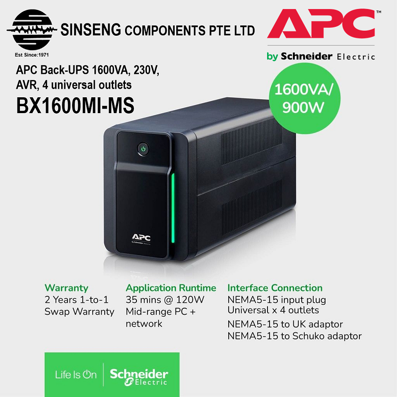 APC UPS BX1600MI-MS 1600 Back-Ups 1600VA, 230V, AVR, 4 universal ...