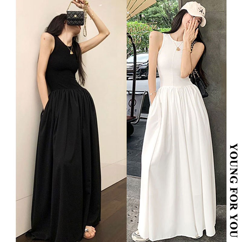 SG Stock Slimed Waist High Waist A-line Dress Women's Sleeveless Maxi ...