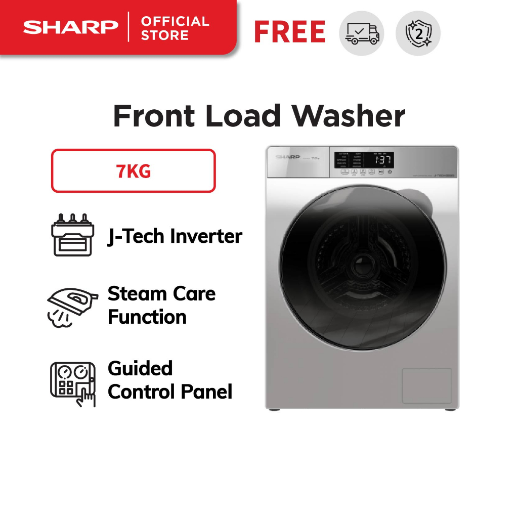 Sharp 7kg Front Load Washer L 10 Program L Es-fw70ew (4 Ticks) L 2 Year 