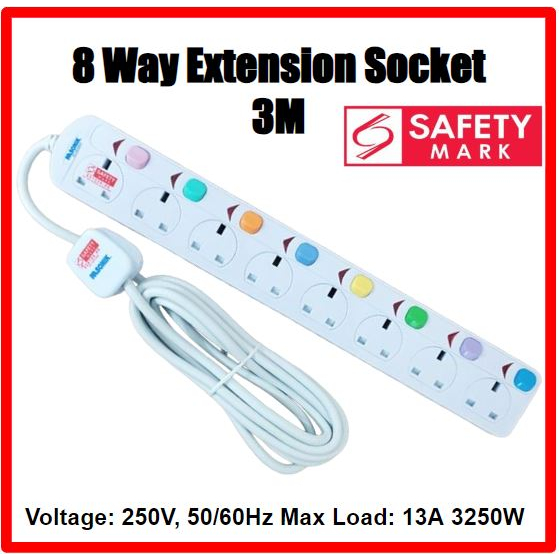 8 Way Extension Socket with Singapore Safety Mark (3 Meter) | Shopee ...