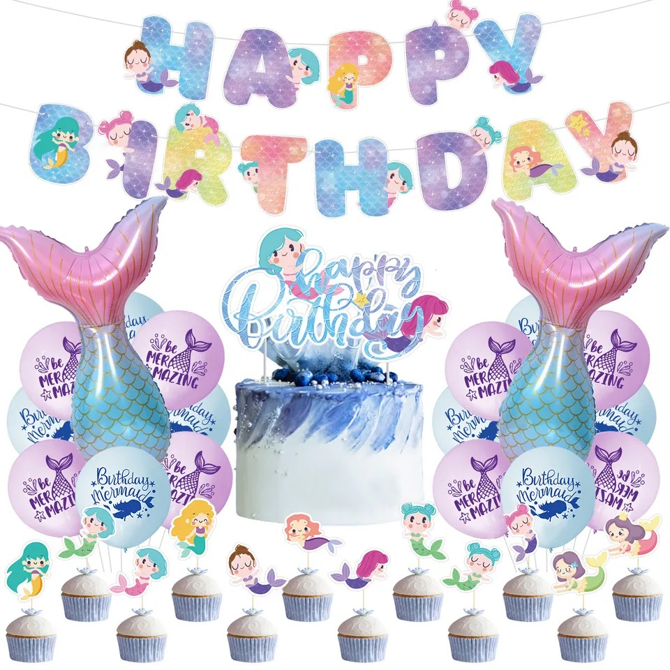 SG SELLER) Mermaid Birthday Decorations Set Mermaids Happy